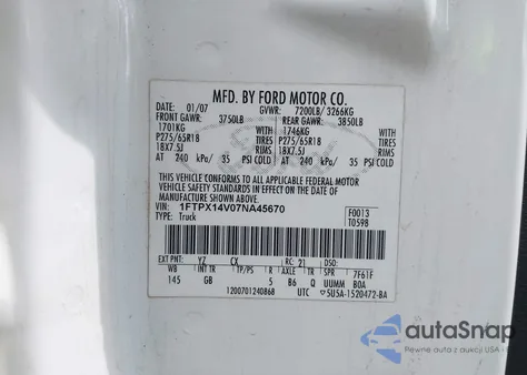 2007 Ford F-150 Fx4/Lariat/Xl/Xlt from USA, damaged, VIN 1FTPX14V07NA45670